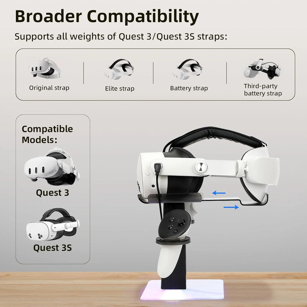 VR Stand Headset Charging Dock for Quest 3S/Quest 3/Quest 2, VR Headset Display Stand and Stable Bracket Storage Base, Bottom RGB LED Light