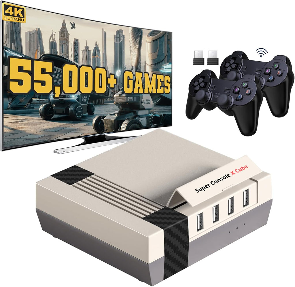 Retro Video Game Console, Super Console X Cube Built-In 55,000+ Games, Tv&Game Systems in 1, Game Consoles Support for 4K TV 1080P HD Output, 4 USB Port, Lan/Wifi, with 2 Wireless Controllers(128Gb)