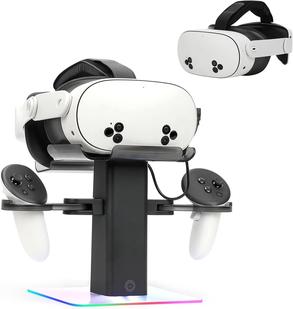 VR Stand Headset Charging Dock for Quest 3S/Quest 3/Quest 2, VR Headset Display Stand and Stable Bracket Storage Base, Bottom RGB LED Light