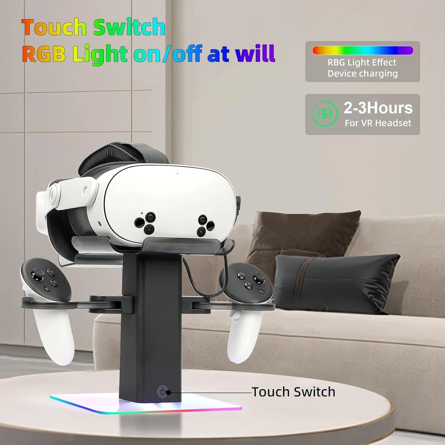 VR Stand Headset Charging Dock for Quest 3S/Quest 3/Quest 2, VR Headset Display Stand and Stable Bracket Storage Base, Bottom RGB LED Light