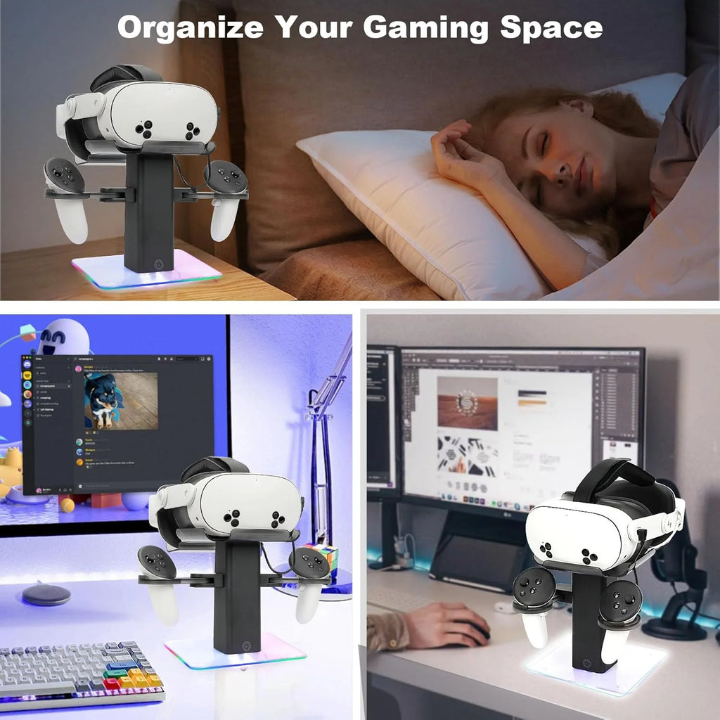 VR Stand Headset Charging Dock for Quest 3S/Quest 3/Quest 2, VR Headset Display Stand and Stable Bracket Storage Base, Bottom RGB LED Light