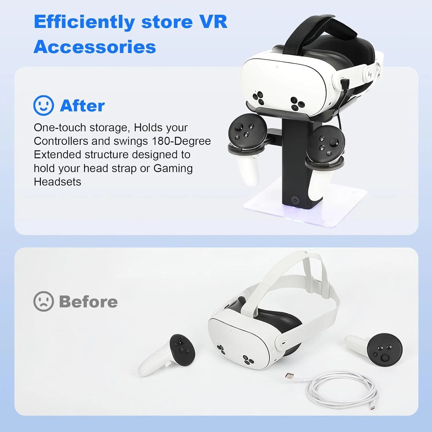 VR Stand Headset Charging Dock for Quest 3S/Quest 3/Quest 2, VR Headset Display Stand and Stable Bracket Storage Base, Bottom RGB LED Light
